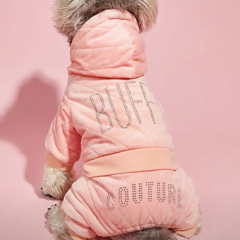 CUTE! Rhinestone Quilted Plush Warm Pink Y2K Dog Jumpsuit Hoodie Winter Snow XS